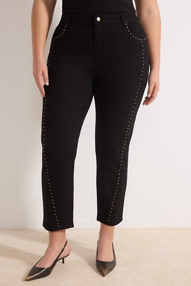 Solmayan Siyah Yüksek Bel Trok Detaylı Esnek Büyük Beden Mom Jeans TBBAW26CJ00057 - 3