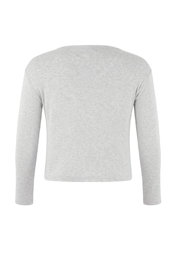 Gri Melanj Çıtçıtlı Crop Boy Basic Örme Büyük Beden Bluz TBBAW26AF00119 - 7