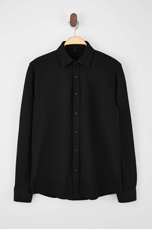 Siyah Normal Kalıp/Regular Fit Fit Waffle Dokulu Mevsimlik Erkek Dokuma Gömlek TMNSS26GO00004 - 4