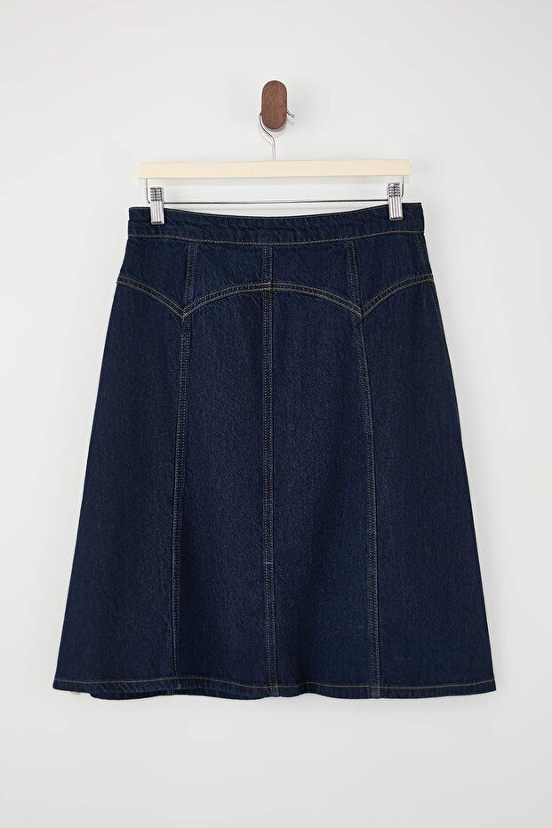 Mavi Düğme Detaylı Midi %100 Pamuk Denim Etek TWOSS26ET00010 - 6