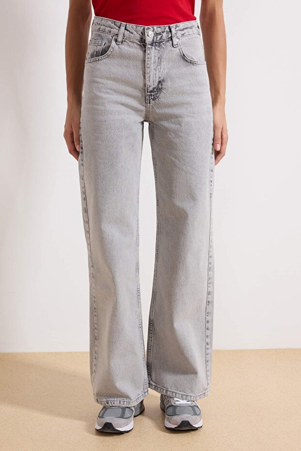 Gri Yüksek Bel Wide Leg Geniş Paça %100 Pamuk Non-Stretch Jeans TWOAW25JE00178 - 3