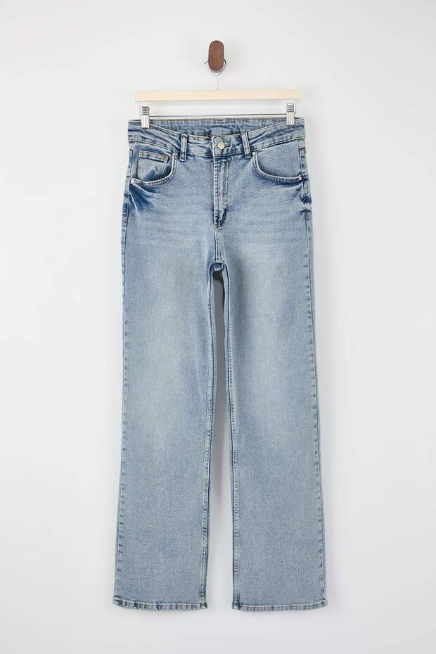 Mavi Yüksek Bel Straight Az Esnek Düz Kesim Jeans TWOSS26JE00100 - 5