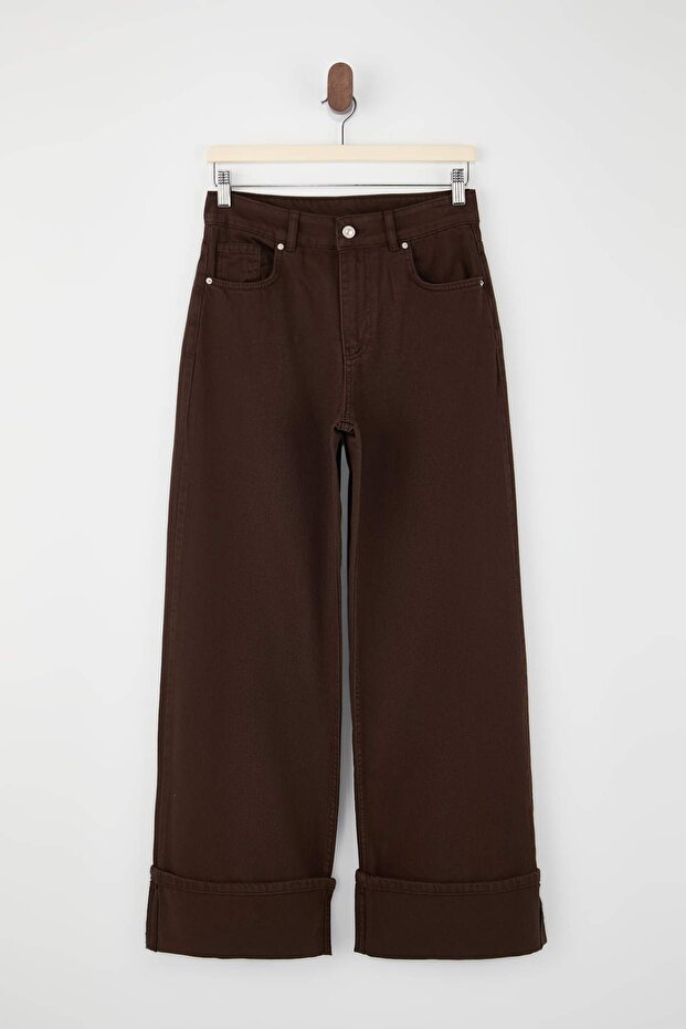 Kahverengi Paça Katlamalı Yüksek Bel Wide Leg/Geniş Paça Jeans TWOAW26JE00011 - 5