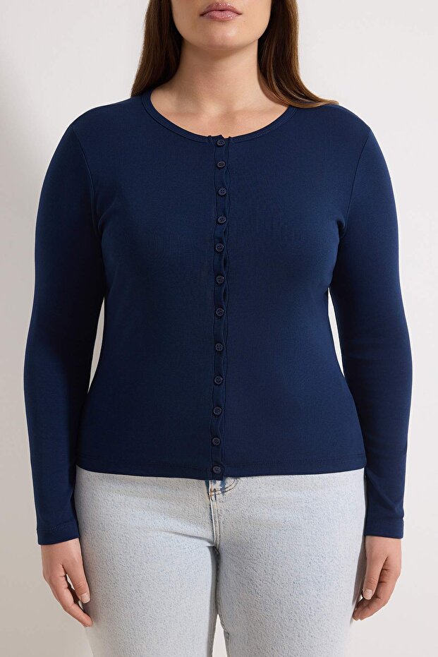 Lacivert Düğme Detaylı Crop/Kısa Ribana Örme Büyük Beden Bluz TBBSS26AF00010 - 3