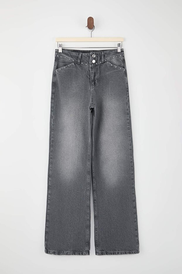 Gri Trok Detaylı Normal Bel %100 Pamuk Wide Leg Jeans TWOSS26JE00051 - 5