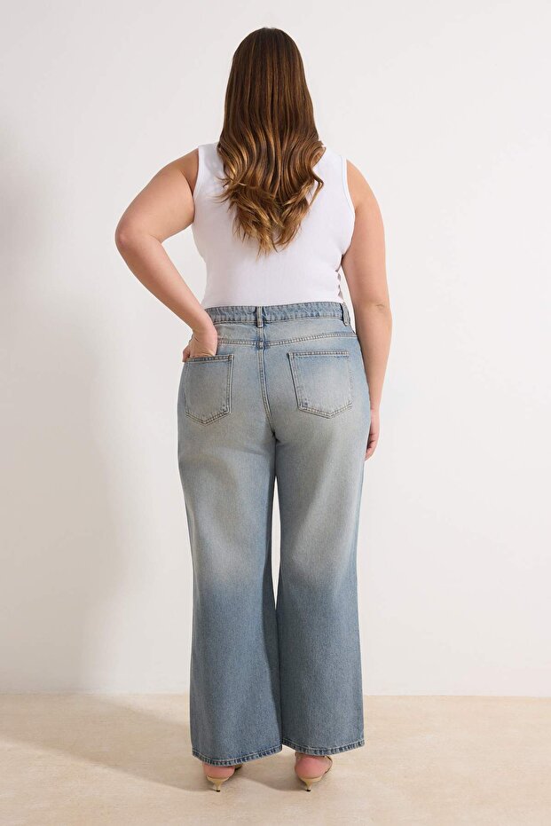 Mavi Yüksek Bel Geniş Paça Wide Leg %100 Pamuk Büyük Beden Jeans TBBAW26CJ00060 - 4