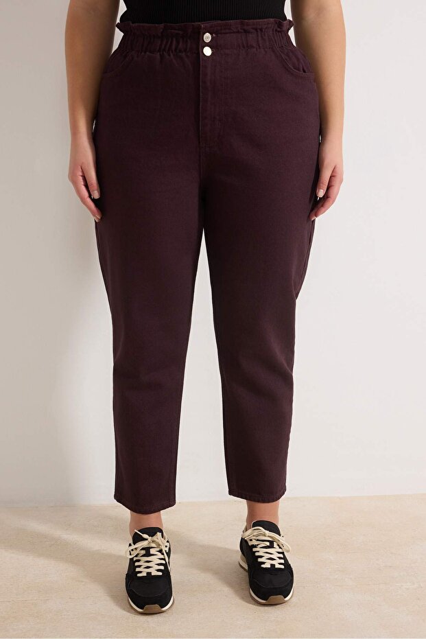 Bordo Yüksek Bel Beli Lastikli %100 Pamuk Büyük Beden Mom Jeans TBBAW23JE00002 - 3