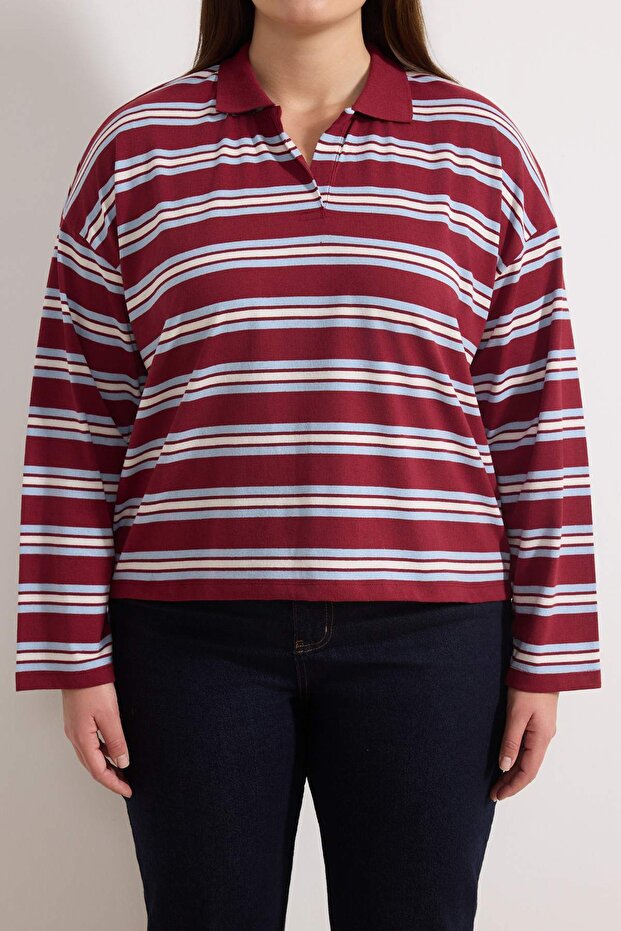 Bordo Çizgili Oversize Büyük Beden T-shirt TBBSS26BF00001 - 3