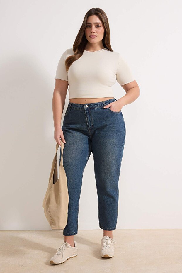 Mavi Yüksek Bel Mom Fit %100 Pamuk Denim Büyük Beden Jeans TBBSS23CJ00038 - 1