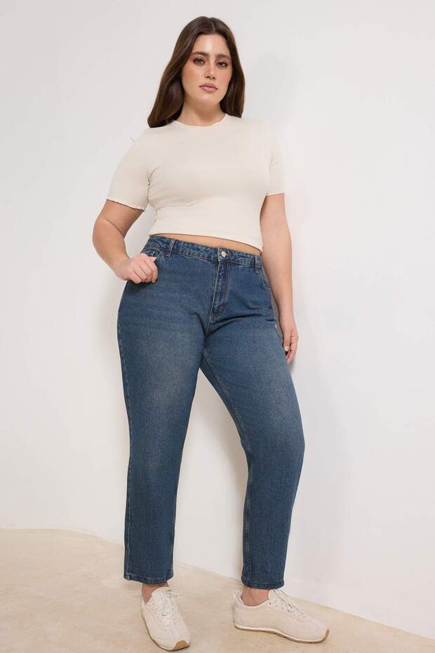 Mavi Yüksek Bel Mom Fit %100 Pamuk Denim Büyük Beden Jeans TBBSS23CJ00038 - 2