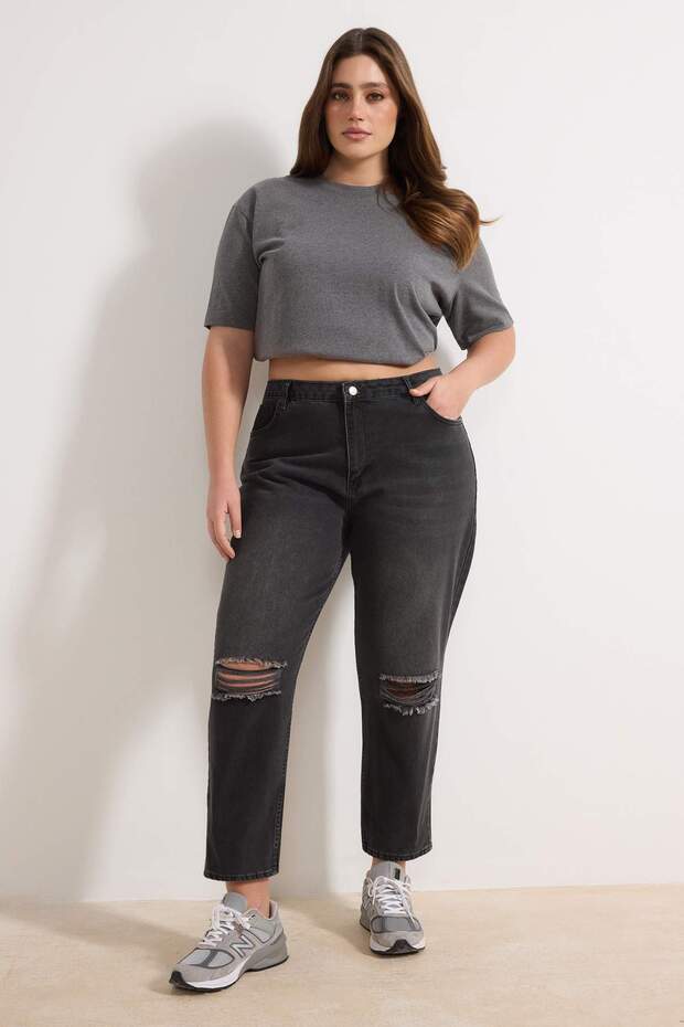 Antrasit Destroy Detaylı Mom Fit %100 Pamuk Denim Büyük Beden Jeans TBBSS23CJ00019 - 2