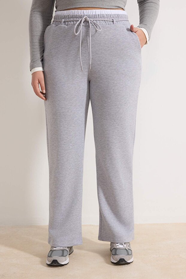 Gri Melanj Beli Poplin Detaylı Bağcıklı Wide Leg Büyük Beden Eşofman Altı TBBSS26AJ00001 - 3