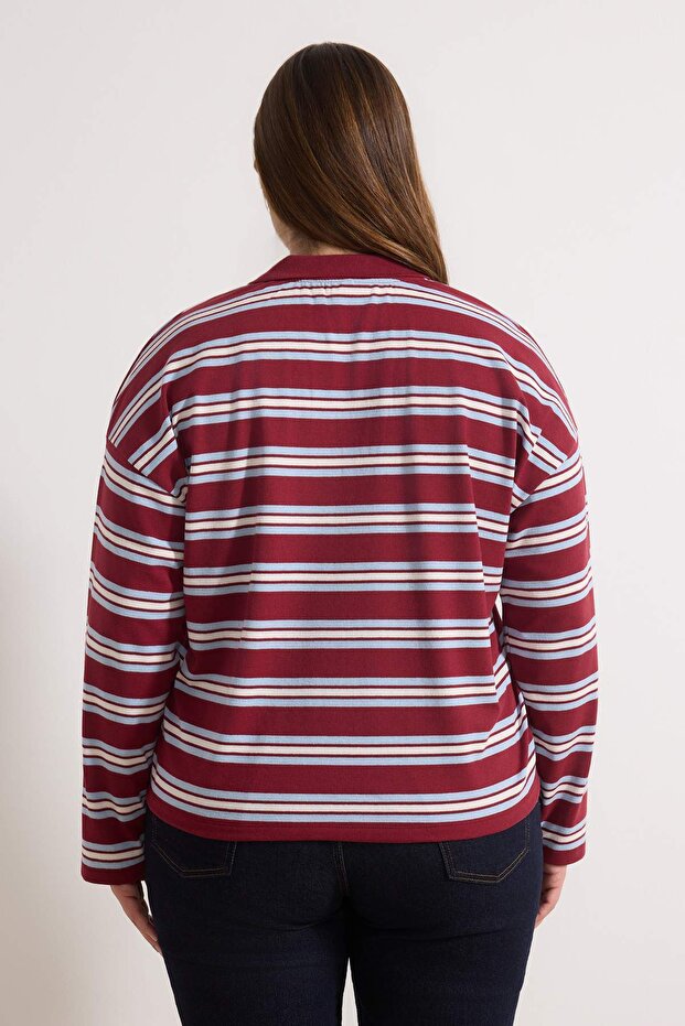 Bordo Çizgili Oversize Büyük Beden T-shirt TBBSS26BF00001 - 4