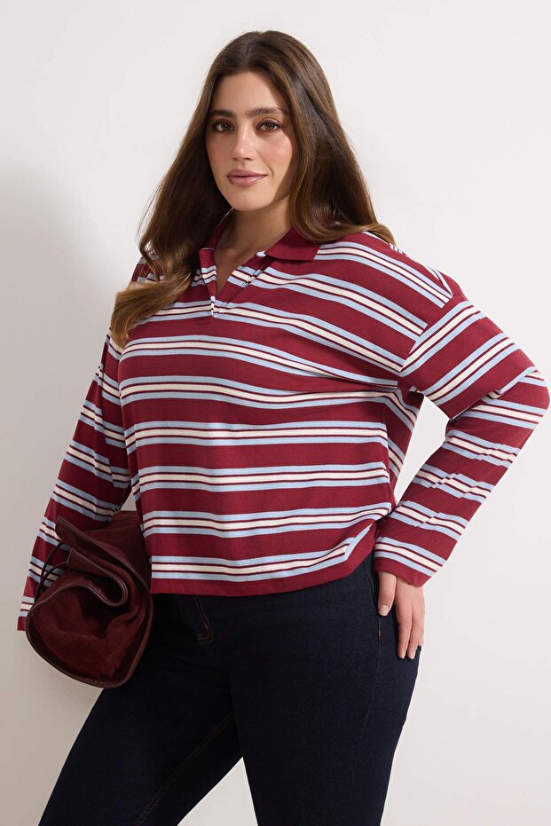 Bordo Çizgili Oversize Büyük Beden T-shirt TBBSS26BF00001 - 1