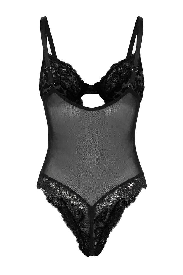 Siyah Fitted Leopar Desenli Dantel/Saten Fantezi Body THMSS26BD00012 - 3