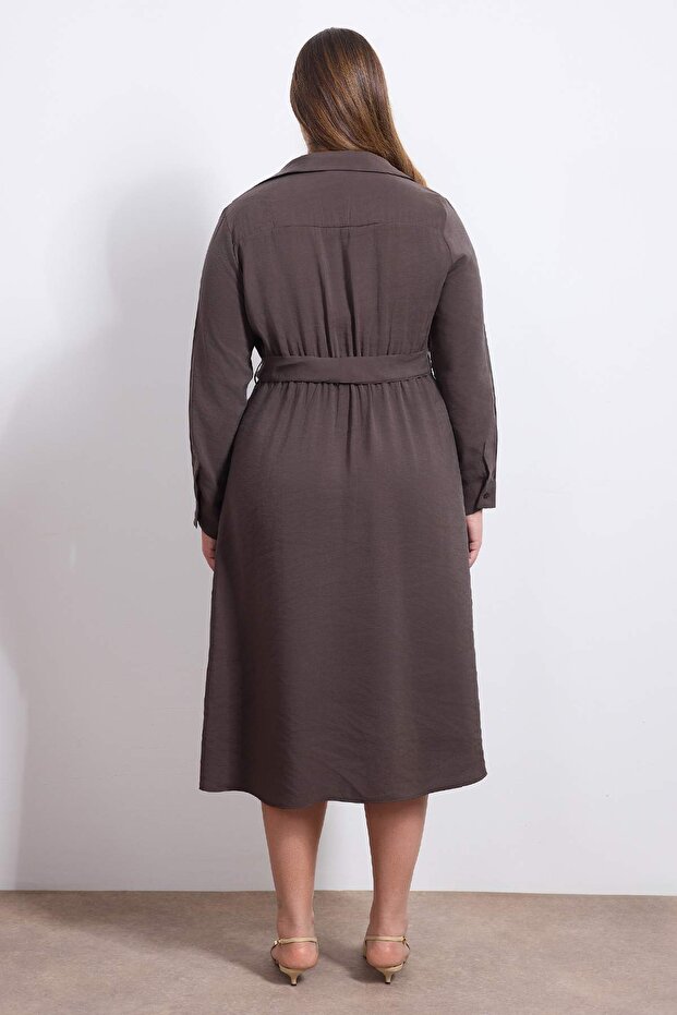 Wardrobe Essentials Kahverengi Modal Dokuma Büyük Beden Gömlek Elbise TBBSS26AH00078 - 5