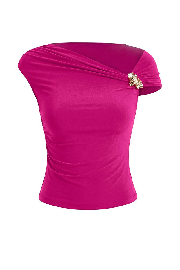 Fuşya Fitted/Vücuda Oturan Asimetrik Yaka Aksesuar Detaylı Esnek Örme Bluz TWOSS26BZ00102 - 5