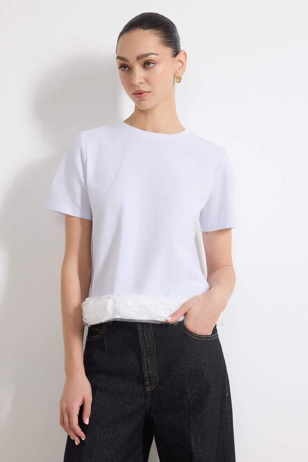 Ekru Regular/Normal Kalıp Kısa Kollu Aksesuar Detaylı Tok %100 Pamuk Örme T-shirt TWOSS26TS00054 - 2
