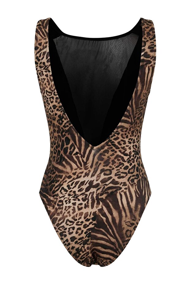 Leopar Desenli Mesh Detaylı Halter Yaka Kaplı Brazilian Mayo TBESS26MA00028 - 6