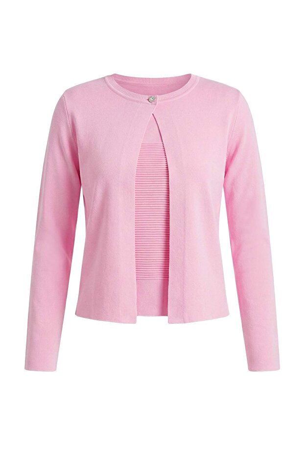 Pembe Kabarık Çizgi Detaylı Hırka-Bluz Triko Hırka TWOSS26HI00002 - 5
