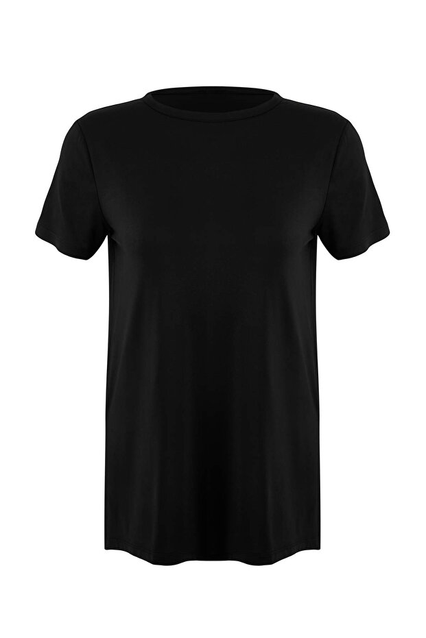 Siyah Micro Kumaş Yırtmaç Detaylı Örme Spor T-Shirt THMSS26TS00002 - 5