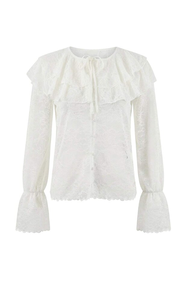 Beyaz Fırfırlı Boho Astarsız Dantel Gömlek TPRSS26GO00002 - 5