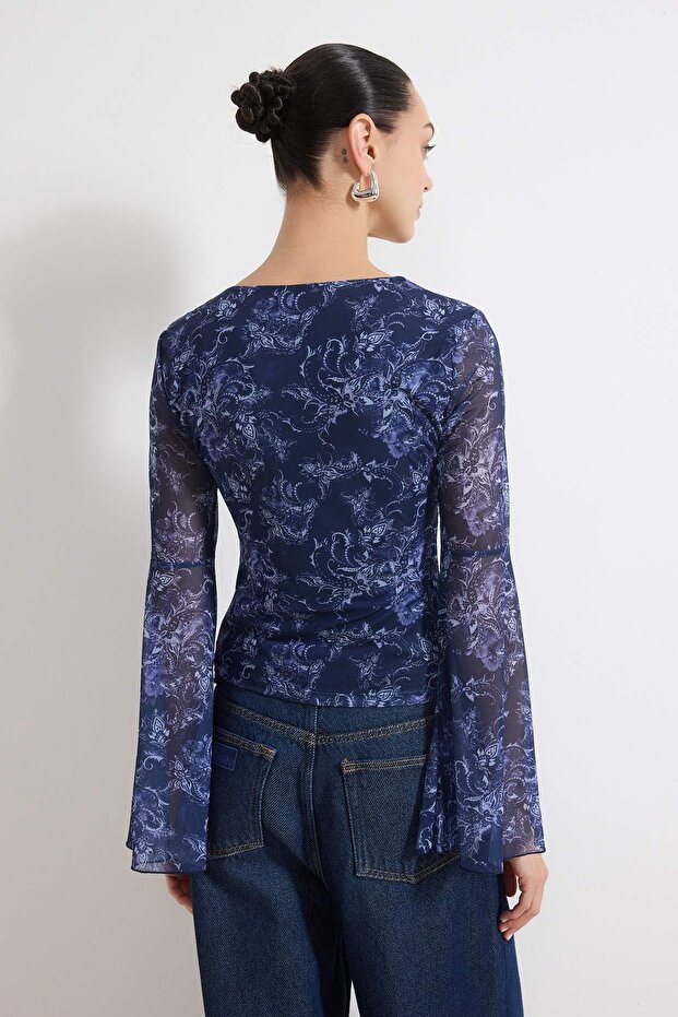 Çok Renkli Boho/Boho Chic Baskılı V yaka İspanyol Kol Tül Esnek Örme Bluz TWOAW26BZ00239 - 4
