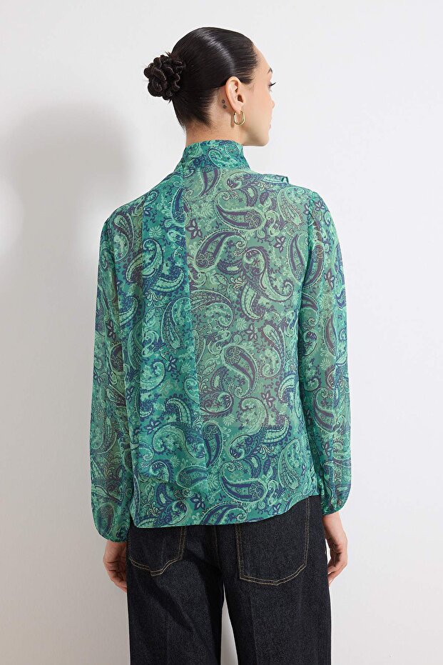 Yeşil Şal Desenli Boho Transparan Şifon Dokuma Bluz TWOSS26BZ00216 - 4