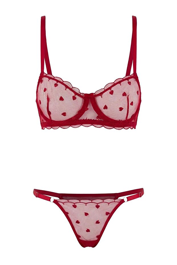 Teen Kırmızı Brode Kalpli Kapsız İç Çamaşırı Takımı THMSS26CC00029 - 3