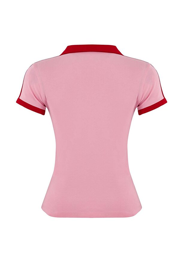 Teen Pembe Fitted/Vücuda Oturan Polo Yaka Kısa Kollu Pamuklu Esnek Örme T-shirt TWOSS26TS00022 - 6