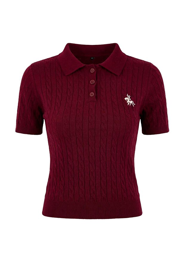 Bordo At Nakışlı Polo Yaka Saç Örgü Triko Bluz TWOSS26BZ00163 - 5