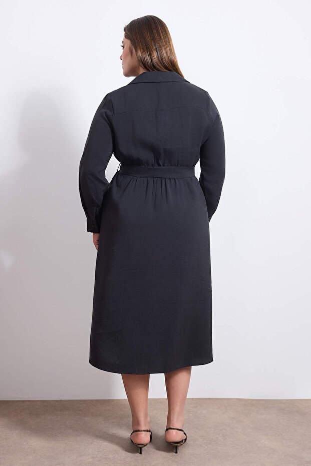 Wardrobe Essentials Siyah Modal Dokuma Büyük Beden Gömlek Elbise TBBSS26AH00078 - 5