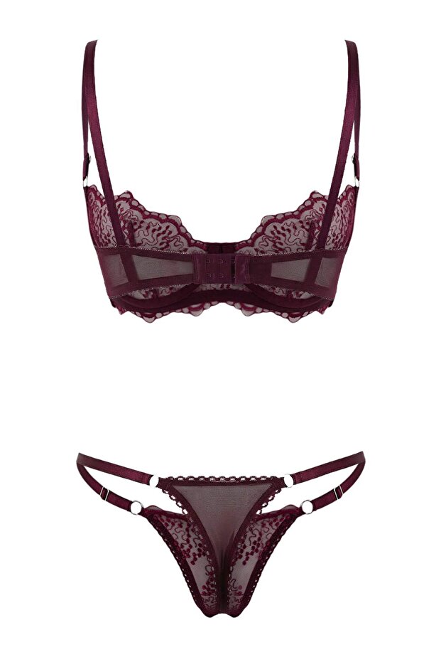 Bordo Brode Çiçekli Kapsız İç Çamaşırı Takımı THMSS26CC00020 - 3
