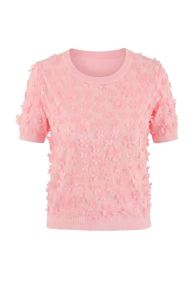 Pembe Üç Boyutlu Çiçek Detaylı ve Tüllü Triko Bluz TWOSS26BZ00128 - 6