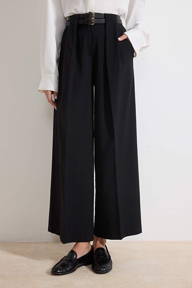 Siyah Kemerli Culotte Yazlık Dokuma Geniş Paça Pantolon TWOSS26PL00076 - 3