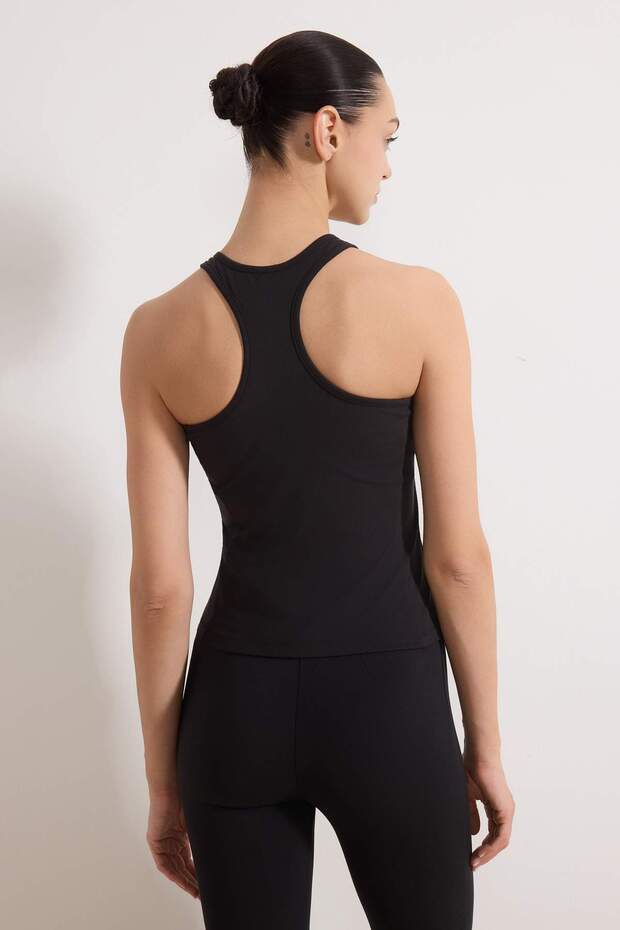 Siyah Fırçalı Soft Kumaş Halter Yaka 2 Katlı İçi Pedli Örme Spor Üst/Bluz THMSS26BZ00004 - 6