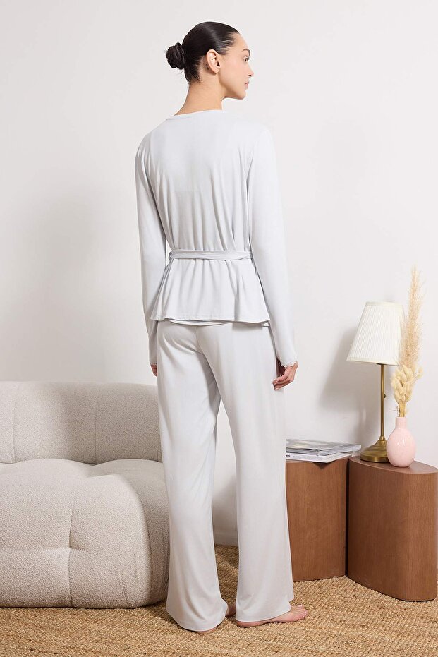 Açık Mavi 3'lü Dantelli Viskon Örme Pijama Takımı THMSS26PT00056 - 4