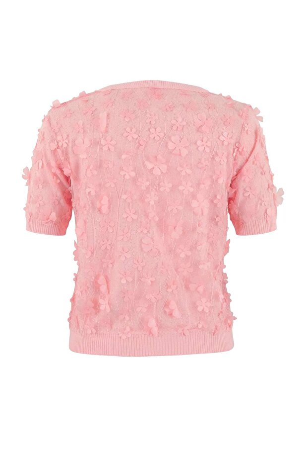Pembe Üç Boyutlu Çiçek Detaylı ve Tüllü Triko Bluz TWOSS26BZ00128 - 7