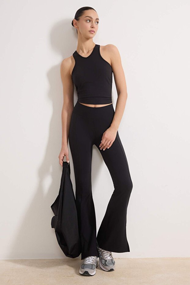 Siyah Yırtmaçlı Fırçalı Soft Kumaş İspanyol Paça Örme Spor Tayt THMSS26EA00004 - 2