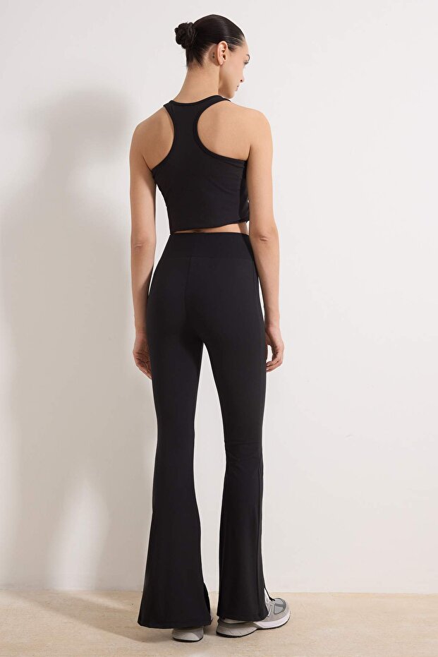 Siyah Yırtmaçlı Fırçalı Soft Kumaş İspanyol Paça Örme Spor Tayt THMSS26EA00004 - 4