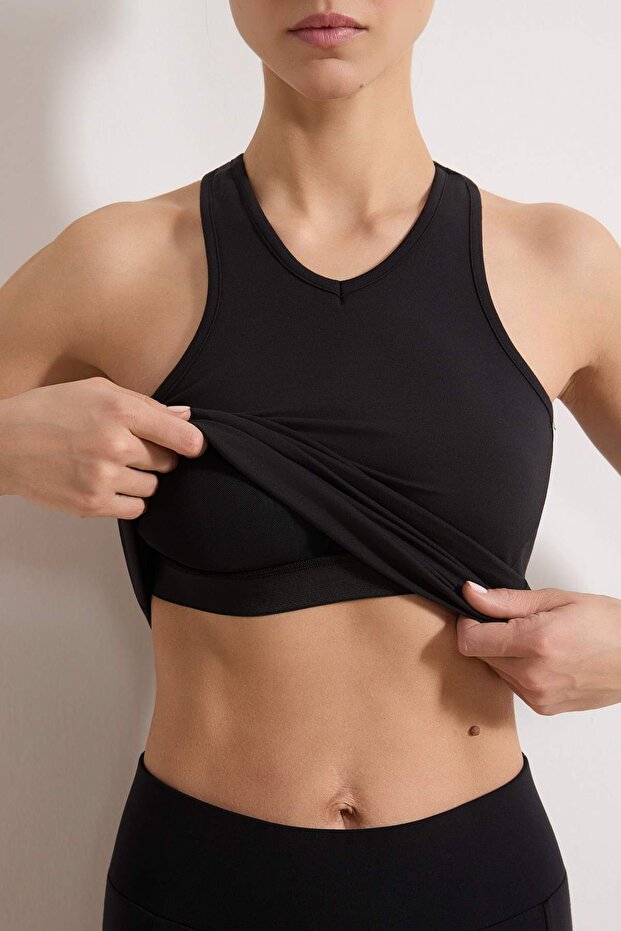 Siyah Fırçalı Soft Kumaş Halter Yaka 2 Katlı İçi Pedli Örme Spor Üst/Bluz THMSS26BZ00004 - 5