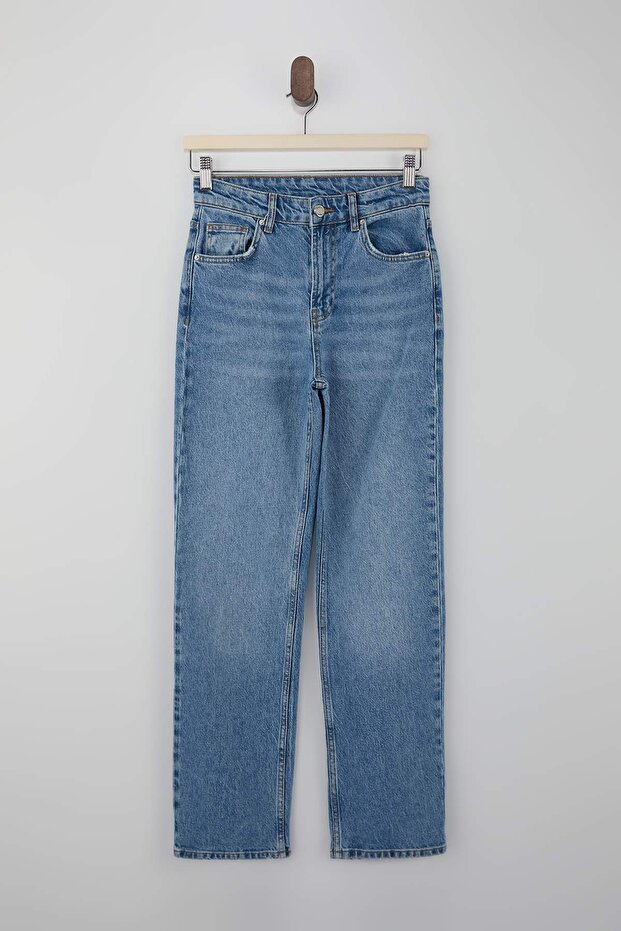 Mavi Yüksek Bel Az Esnek Straight Düz Kesim Jeans TWOSS26JE00099 - 5