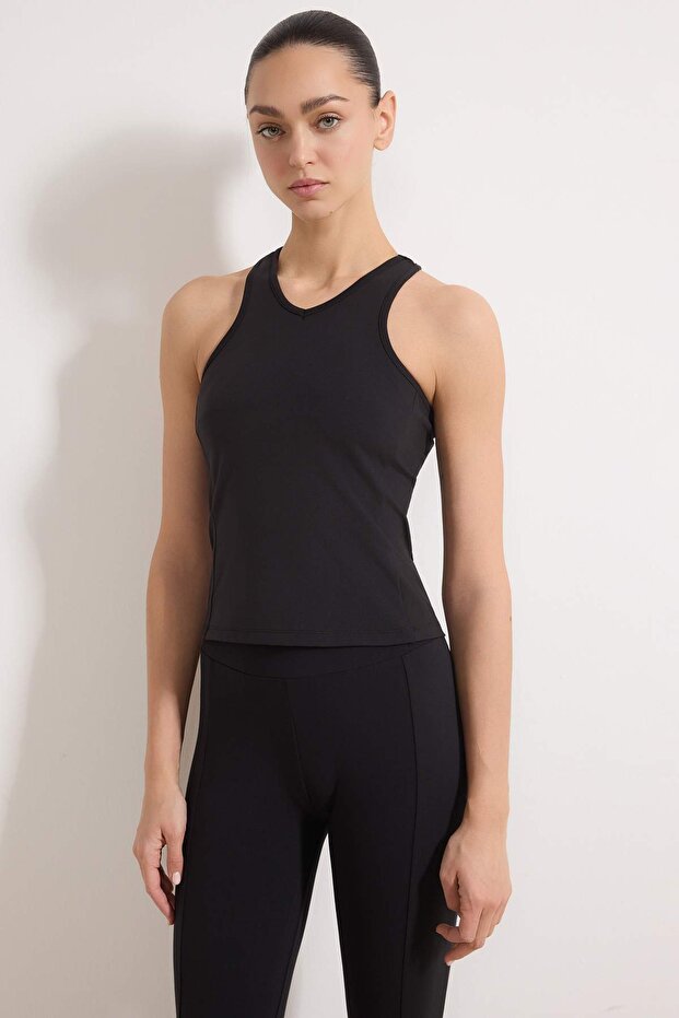 Siyah Fırçalı Soft Kumaş Halter Yaka 2 Katlı İçi Pedli Örme Spor Üst/Bluz THMSS26BZ00004 - 3