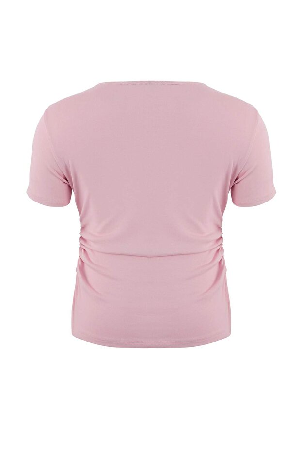 Açık Pembe Viskon Ribana Yanı Büzgülü Örme Büyük Beden Bluz TBBSS26AF00060 - 5