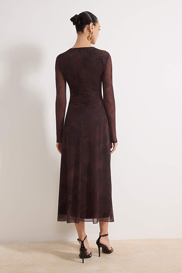 Kahverengi Soyut Büzgü / Drape Maxi Örme Elbise TWOAW25EL00408 - 4