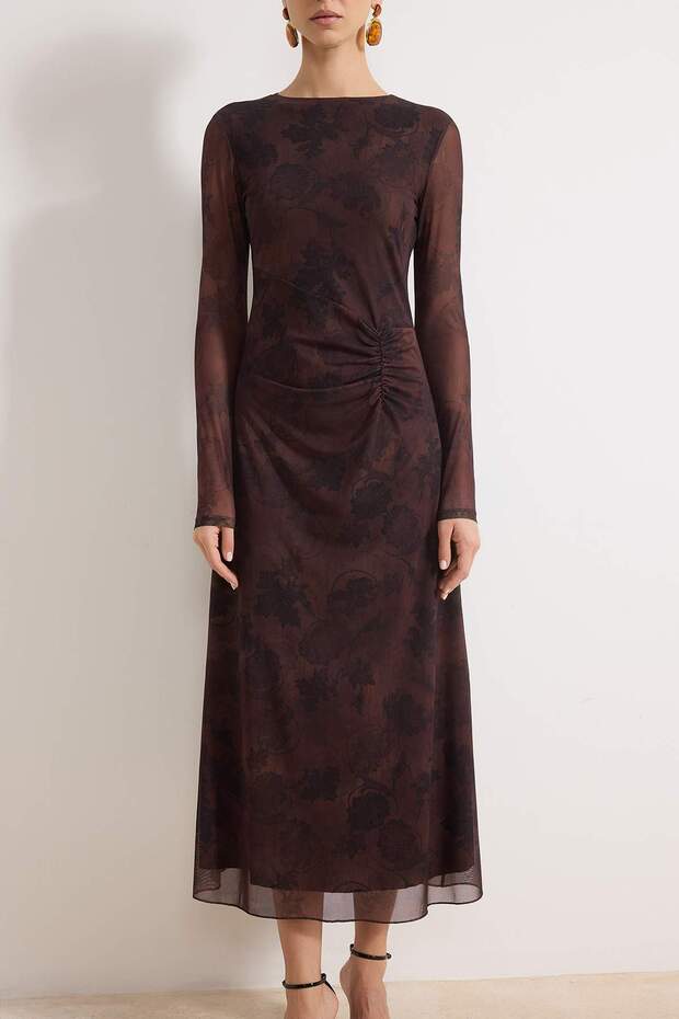 Kahverengi Soyut Büzgü / Drape Maxi Örme Elbise TWOAW25EL00408 - 3