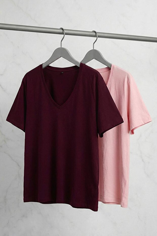 Bordo Pembe 2'li Paket Basic V Yaka %100 Pamuk Örme Büyük Beden T-Shirt TBBSS22TS0705 - 6