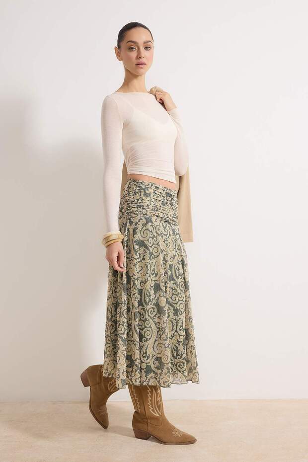 Haki Maxi Büzgü/Drape Detaylı Boho/Boho Chic Basklılı Tül Esnek Örme Etek TWOAW26ET00122 - 2