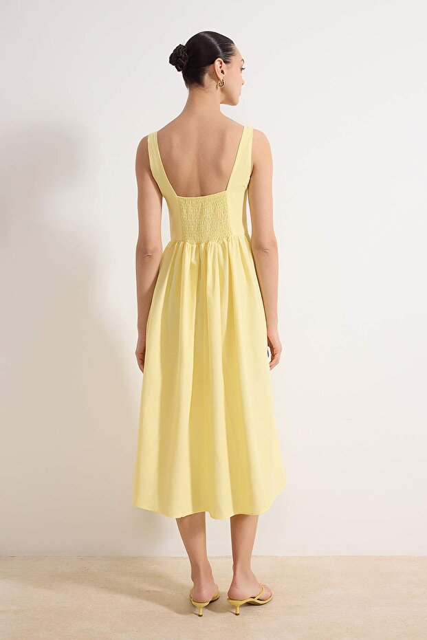 Açık Sarı Gipeli Midi Poplin Dokuma Elbise TWOSS26EL00138 - 4