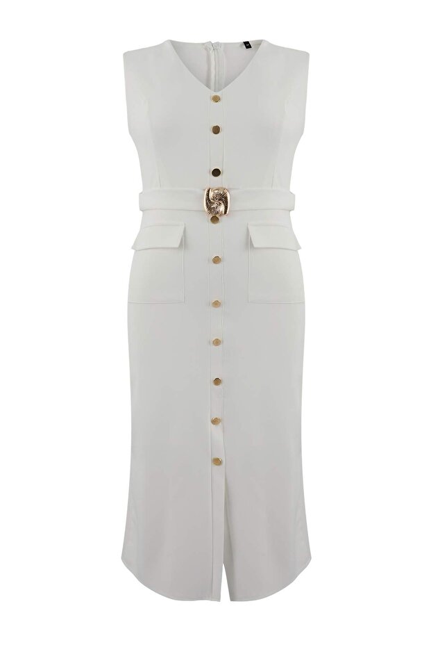 Spezielle Kollektion: Weißes gewebtes Midi-Kleid mit Gürtel und Accessoire-Details TBBAW26AH00094 - 4